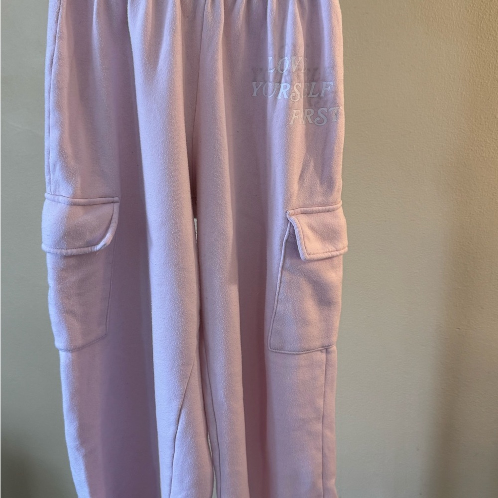 Used Juniors Pink Cargo Pants that say “Love Yourself First” - Picture 2 of 4